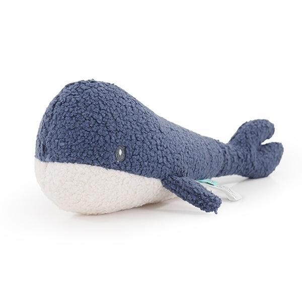 Blue plush whale toy on a white background