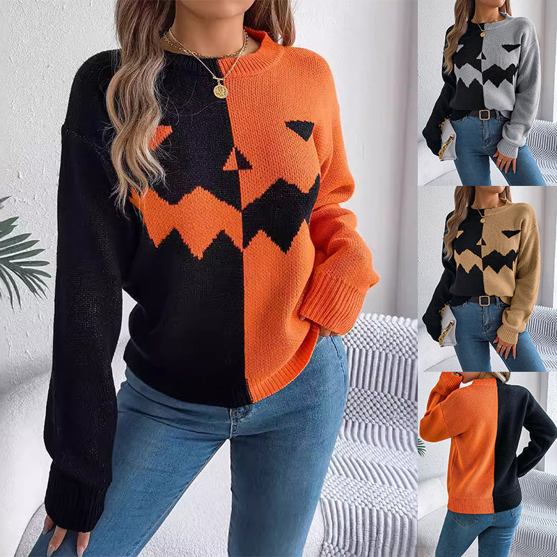 Halloween Contrast-color Pullover Sweater Fashion Long Sleeve T-shirt