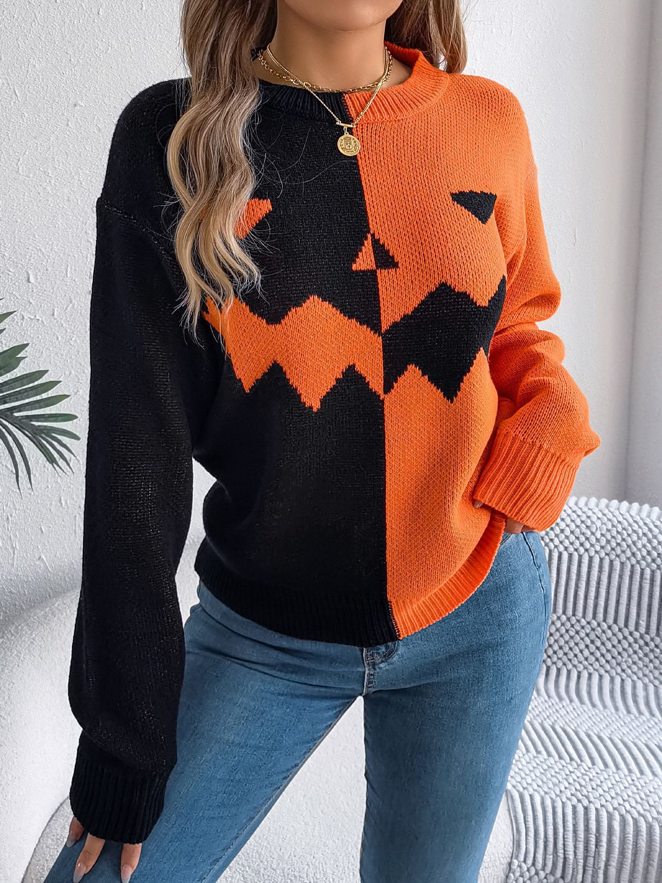 Halloween Contrast-color Pullover Sweater Fashion Long Sleeve T-shirt