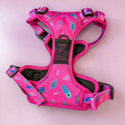 Peacock Power No Pull Tactical Dog Harness – Pink Peacock Feather Print, Adjustable, Step-In (Small-XL)