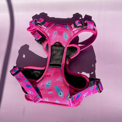 Peacock Power No Pull Tactical Dog Harness – Pink Peacock Feather Print, Adjustable, Step-In (Small-XL)