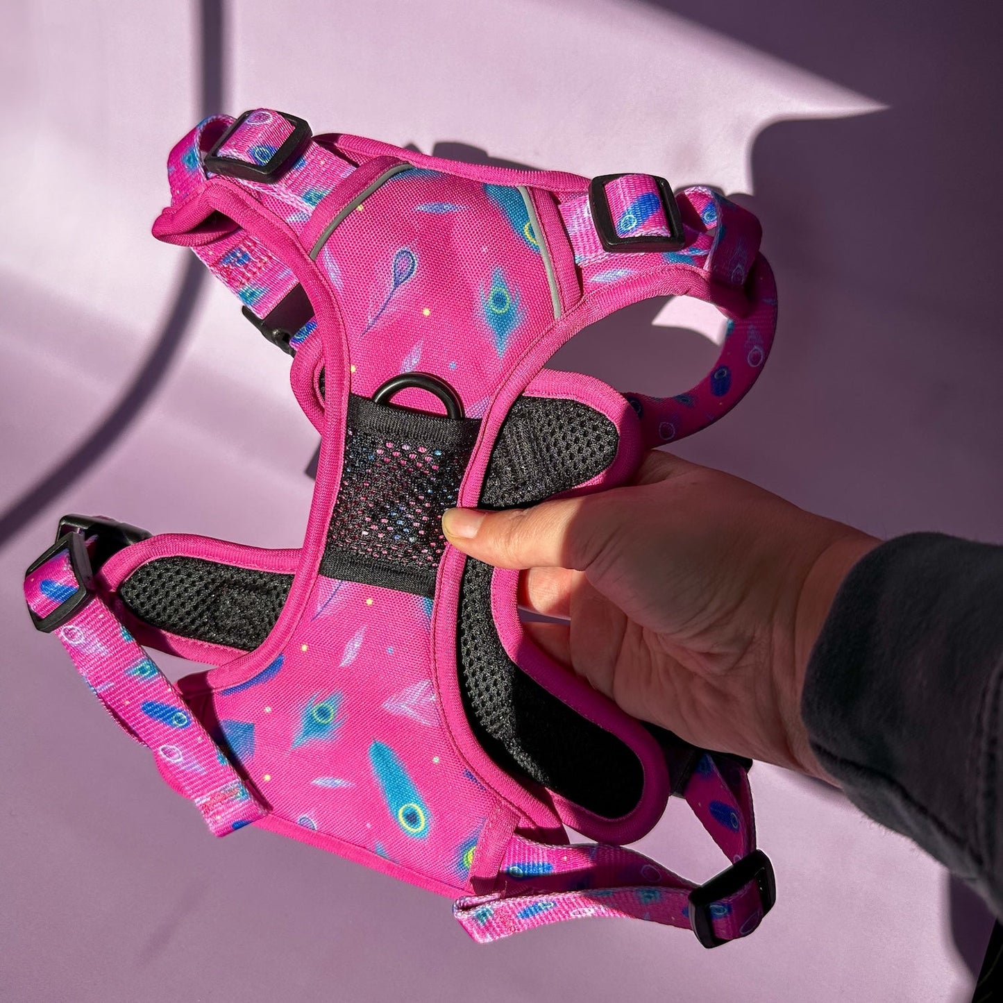 Peacock Power No Pull Tactical Dog Harness – Pink Peacock Feather Print, Adjustable, Step-In (Small-XL)