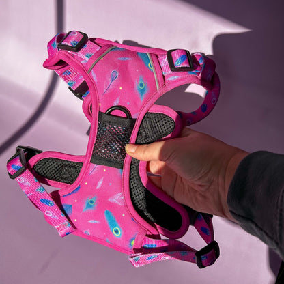 Peacock Power No Pull Tactical Dog Harness – Pink Peacock Feather Print, Adjustable, Step-In (Small-XL)