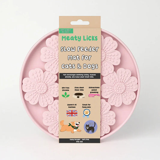Meaty Licks Daisy Delight Slow Feeder – Soft Pink Enrichment Mat for Dogs & Cats