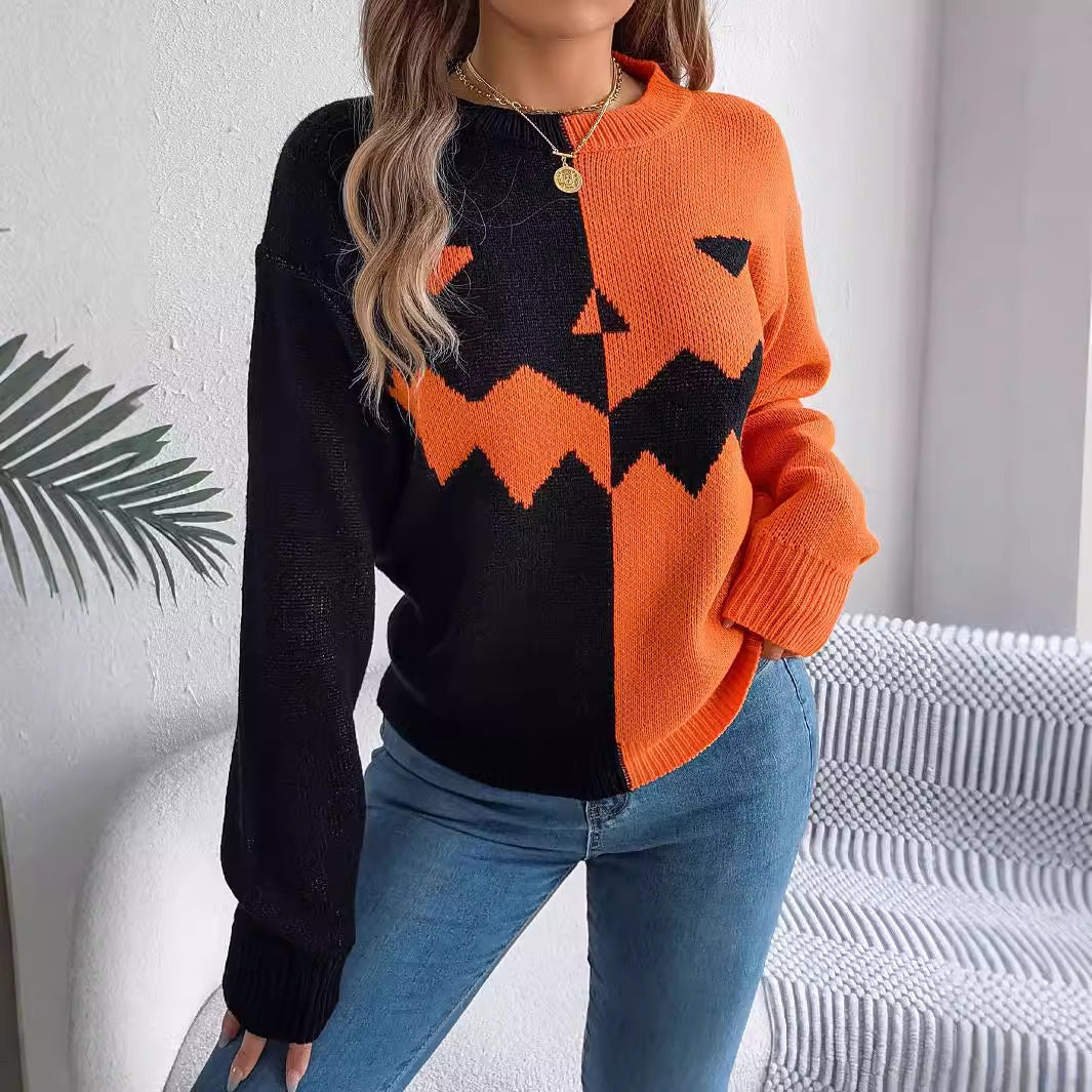 Halloween Contrast-color Pullover Sweater Fashion Long Sleeve T-shirt